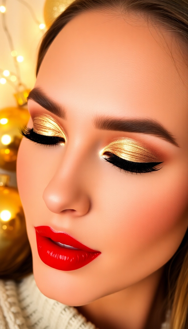 14 Looks de Makeup Noël DIY Que Chaque Fête Devrait Avoir (Vous Allez Aimer Le #6 !) ! - 1. Éclat de Noël : Rouge et Or