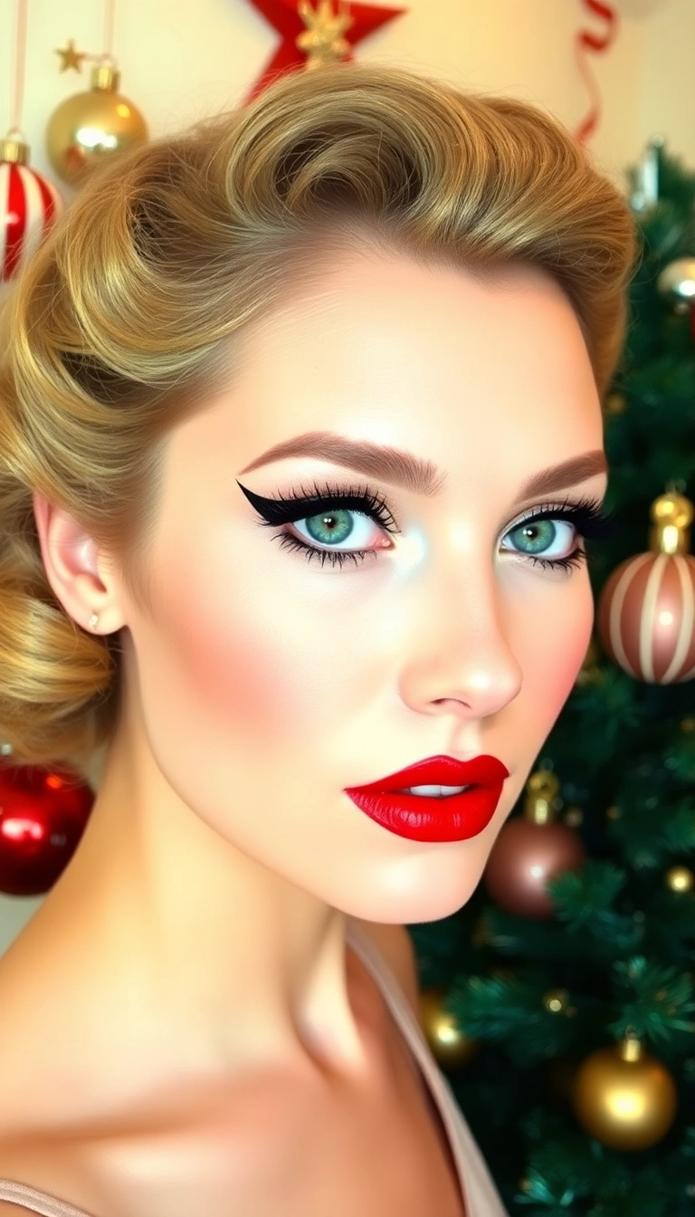 14 Looks de Makeup Noël DIY Que Chaque Fête Devrait Avoir (Vous Allez Aimer Le #6 !) ! - 7. Noël Vintage : Liner Cat-Eye et Rouge Classique