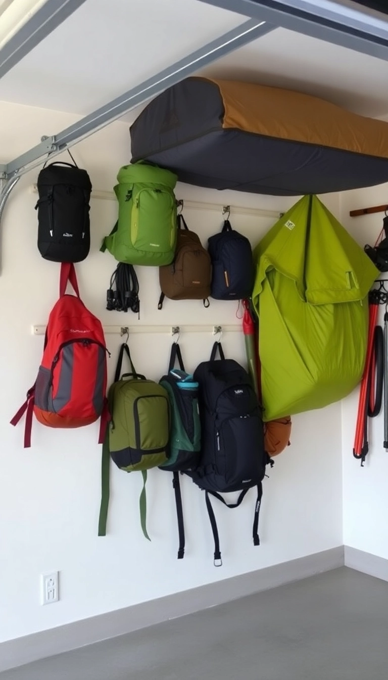 22 Hacks de Rangement de Garage Pour Désencombrer Comme un Pro ! - 16. Créez un Système d’Accrochage pour les Équipements de Camping