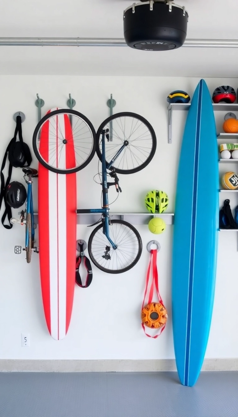 22 Hacks de Rangement de Garage Pour Désencombrer Comme un Pro ! - 9. Créez un Mur de Rangement pour les Équipements de Sport